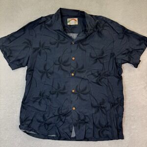 VTG Paradise Found Men's Large Hawaiian Shirt Black Palm Tree Rayon Button Down‎